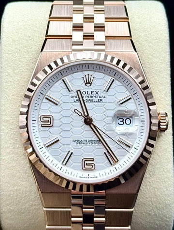 Rolex Land-Dweller 40 Everose Gold Intense White Honeycomb Motif Dial Fluted Bezel Flat Jubilee Bracelet 127335 - 2025