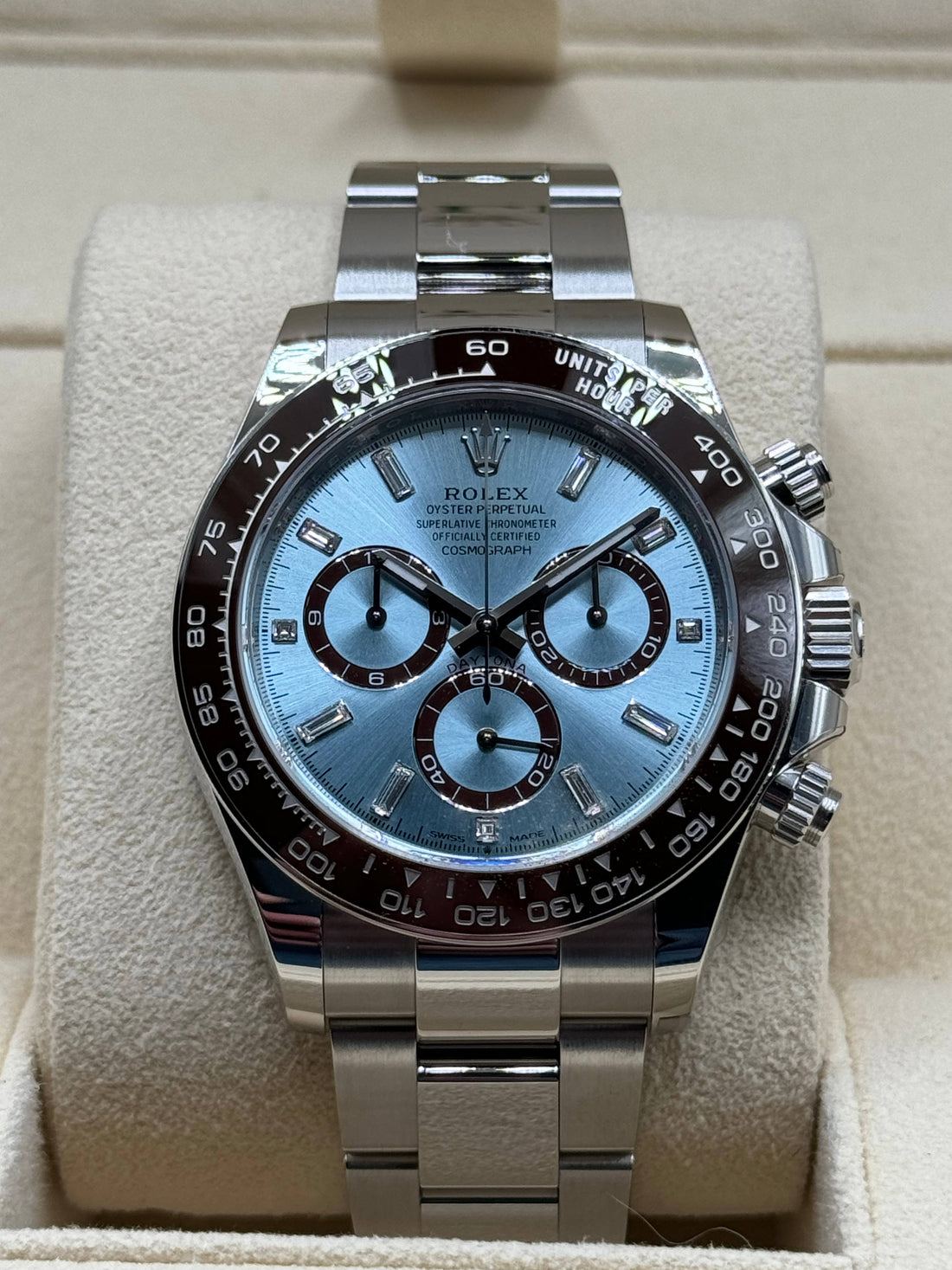 UNWORN 2025 Rolex Platinum Daytona 40mm, Ice Blue Baguette Dial Reference: 126506